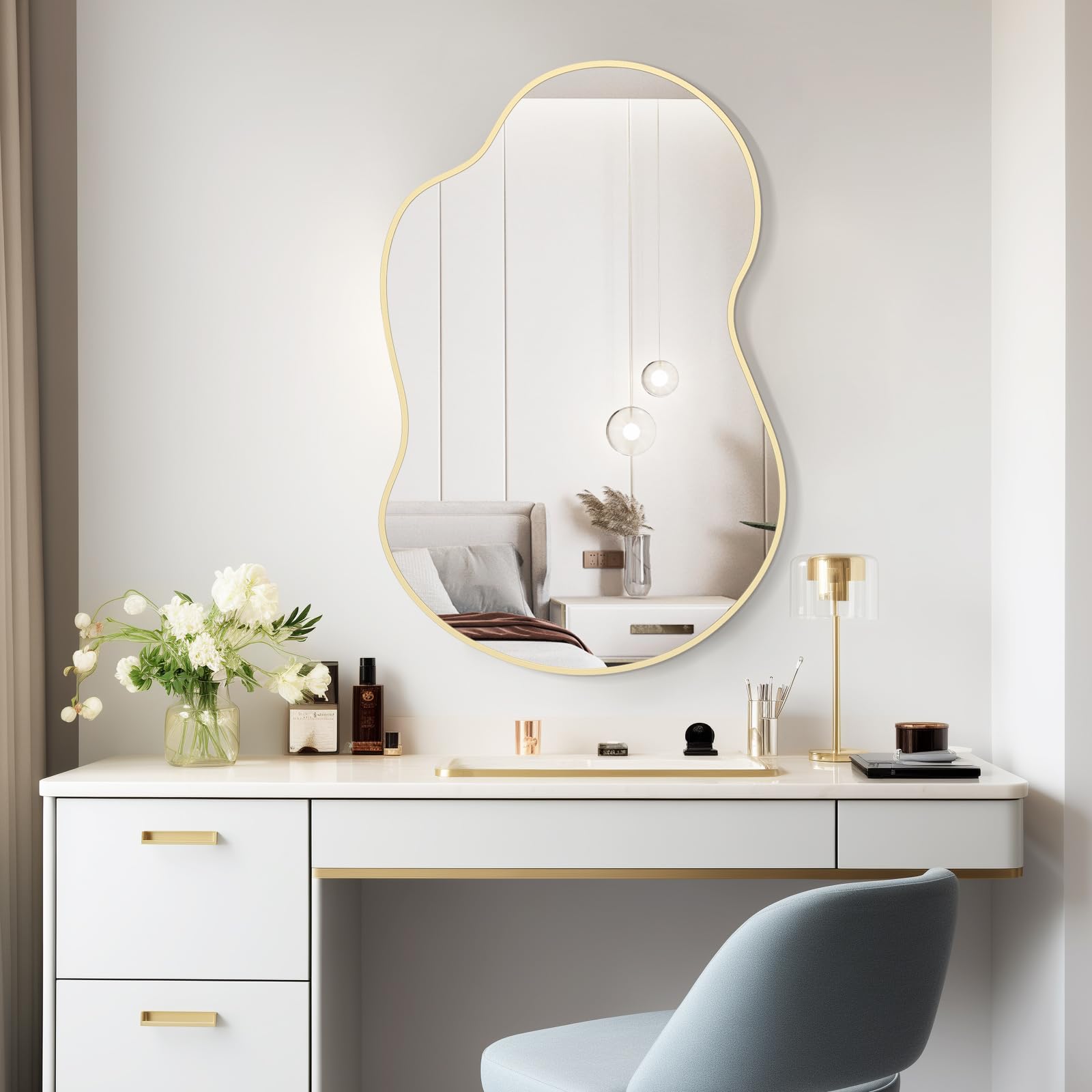 WallBeyond Gold Asymmetrical Mirror, Modern Irregular Wall Mirror with Aluminum Frame for Bedroom, Bathroom, Living Room, and Entryway 36" H x 24" W (Gold)