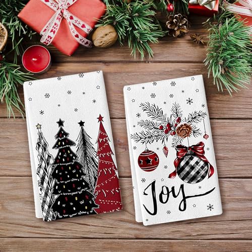 KORVITA Christmas Hand Towels, 2-Piece Set, Black and Red Tree Design