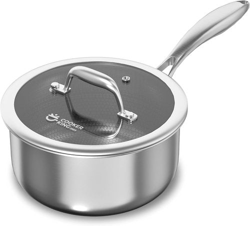 COOKER KING 1.5 Quart Stainless Steel Saucepan - Nonstick Ceramic Pot with Tempered Glass Lid | Induction Compatible, Dishwasher & Oven Safe