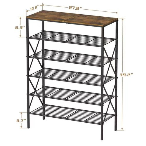 TIFFLOI 6-Tier Shoe Rack Organizer, Large Capacity Shoe Storage Shelf for Entryway, Closet, Rustic Brown & Black, Metal Mesh Shelves, Holds up to 24 Pairs of Shoes, Easy Assembly, Adjustable Feet