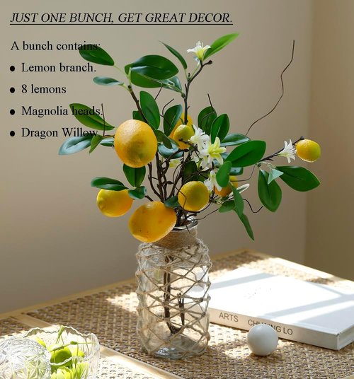 Laelfe Artificial Lemons Branches - 8 Head Faux Lemon Stems for Kitchen & Farmhouse Decor | Bright Yellow