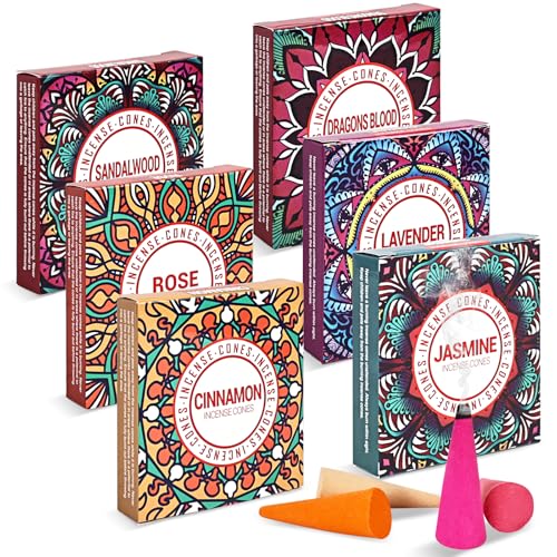 Pavo Cristatus Incense Cones Set A - Lavender, Jasmine, Sandalwood, Cinnamon, Rose, Dragons Blood