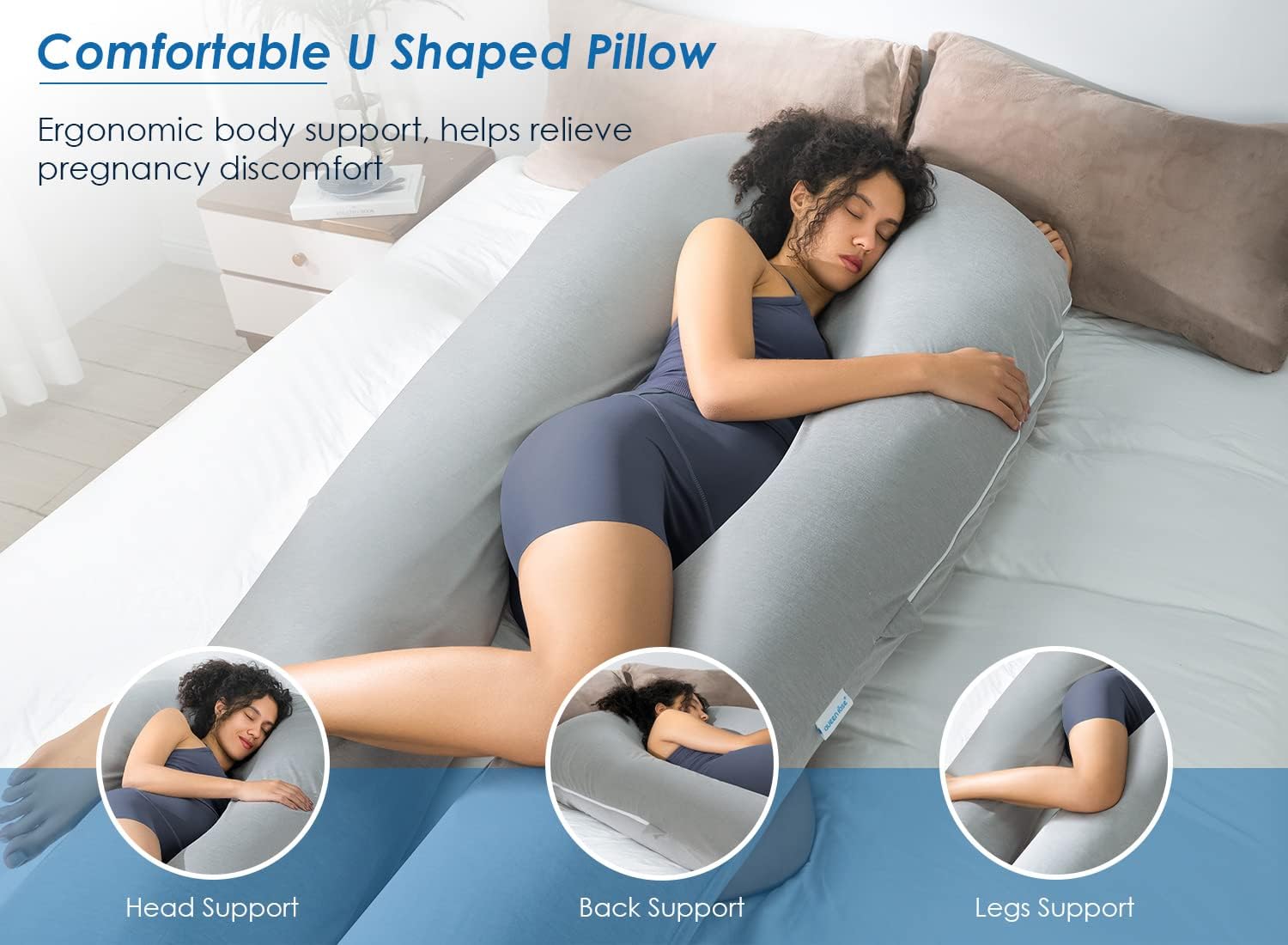 Queen Rose Extra Long U Shaped Body Pillow - Cooling Pregnancy Pillow for Full Body Support | 65 Inch Grey