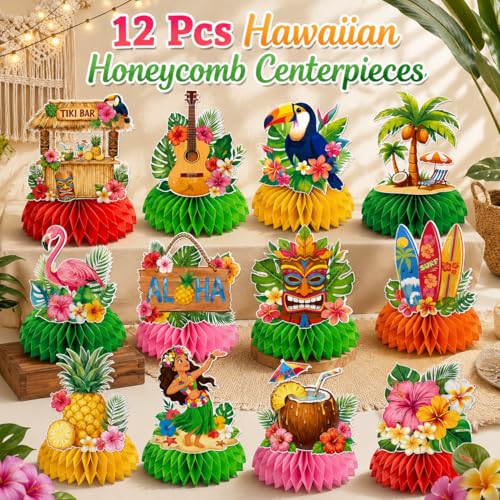 Hawaiian Luau Party Decorations - Tropical Honeycomb Centerpieces, 12 Pcs