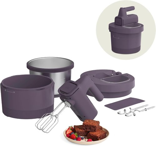 Bella 3.5 Qt Electric Hand & Stand Mixer - 2-in-1 with Bowl, Dough Hook & Whisk - Plum Color