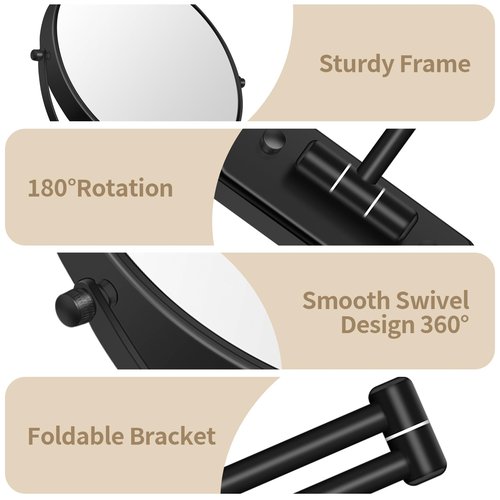 BTremary 8” Wall Mounted Magnifying Makeup Mirror 1X/7X Wall Mount Mirror Swing Arm Two-Sided 360° Swivel Bathroom Shaving Mirror for Men and Women in Hotel/Home, Black