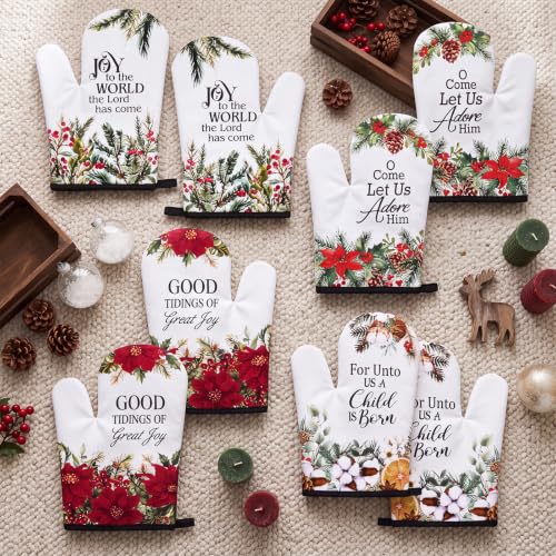 Christian Christmas Oven Mitts Set - Poinsettia Bible Verse & Holiday Floral Design, 4 Pairs