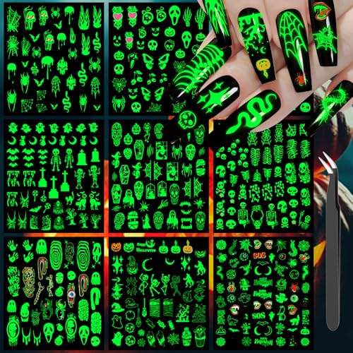Glow in the Dark Halloween Nail Art Stickers, 9 Sheets Self-Adhesive Decals