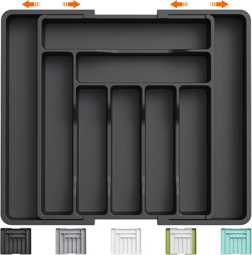 Lifewit Utensil Organizer for Kitchen Drawer, Expandable Cooking Silverware Tray, Adjustable Cutlery Flatware Holder, Plastic Spatula Tools Storage Divider, 13-22.4 x 15", Black