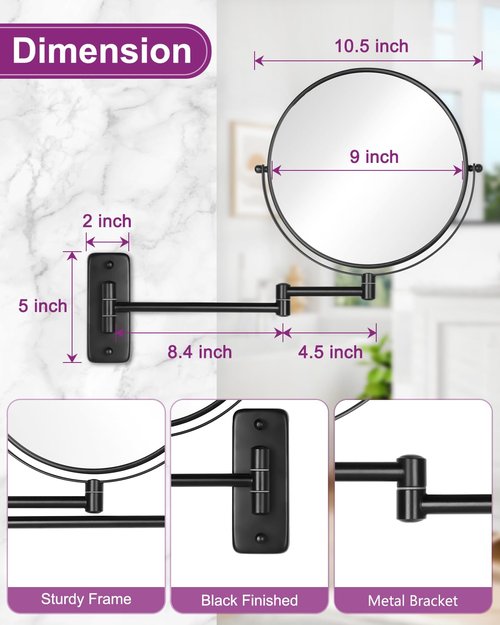 DECLUTTR 20X/1X Wall Mounted Makeup Mirror, 9 Inch Large Size Magnifying Mirror, 360° Swivel Extendable Mirror for Bathroom, Black