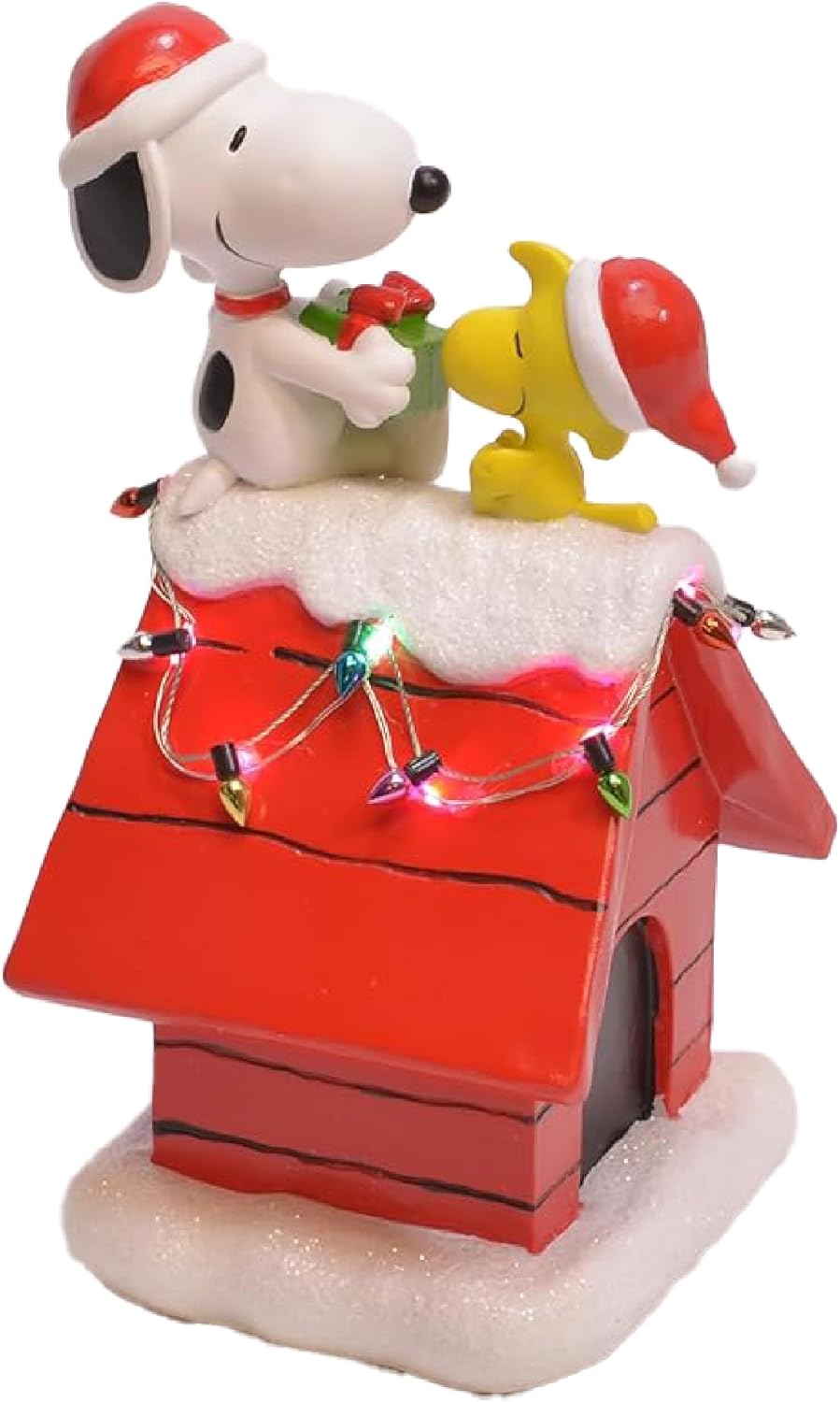 Mark Feldstein Peanuts Snoopy's Dog House Figurine - LED Christmas Lights | 7.5 Inch, Red