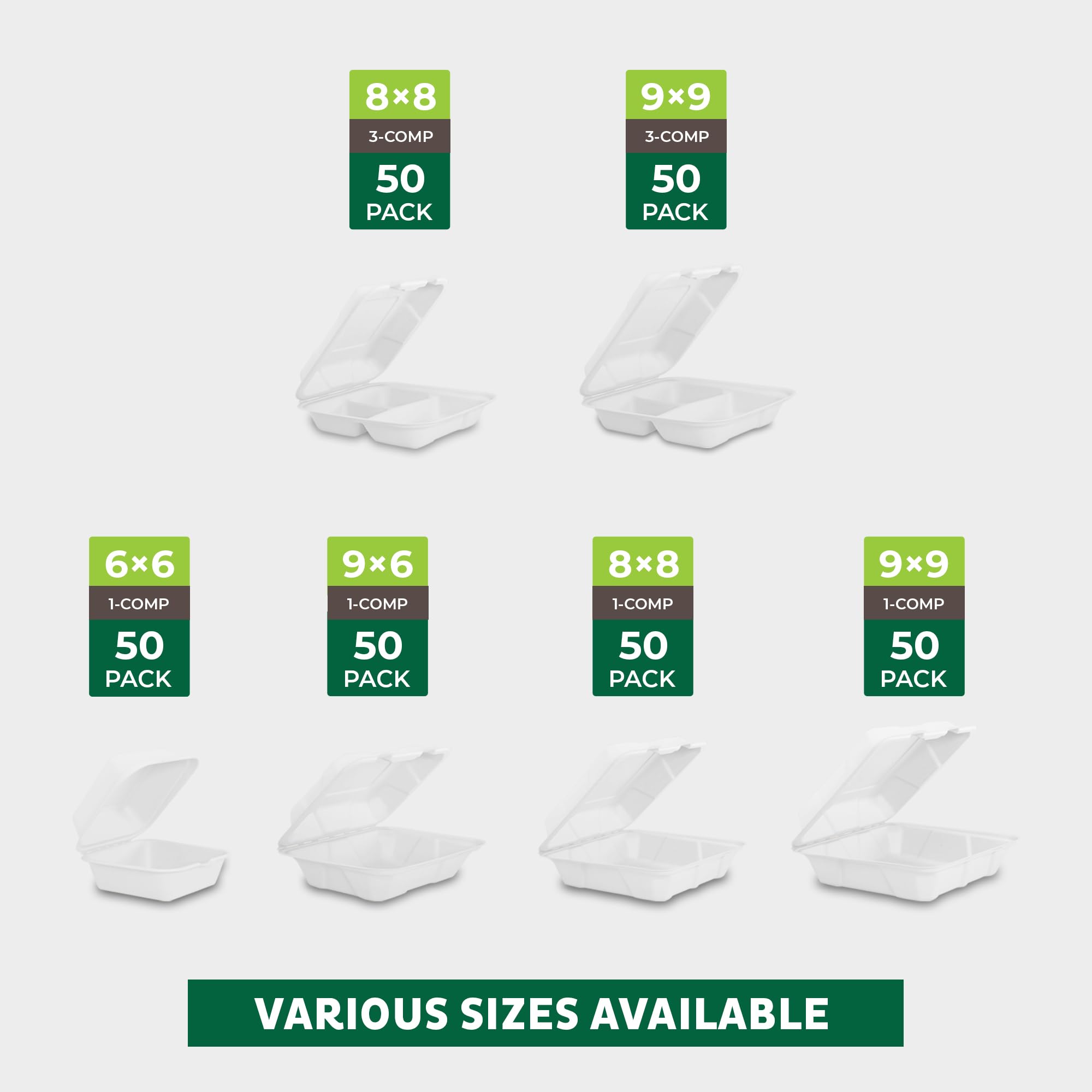 Freshware Clamshell Food Containers with Lids [9x9"] 3-Compartment 50-Pack, Disposable To Go Containers, Biodegradable Sugarcane To Go Boxes - Paper Containers - Microwave & Freezer Safe, Stackable