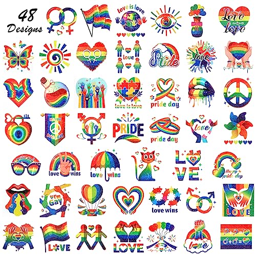 Qpout 48 PCS Glitter Rainbow Temporary Tattoos Waterproof Pride Stickers