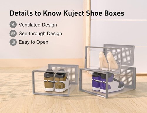Kuject X-Large Shoe Storage Boxes - Clear Plastic Stackable Organizers | 12 Pack for Sneakers & Toys - Grey