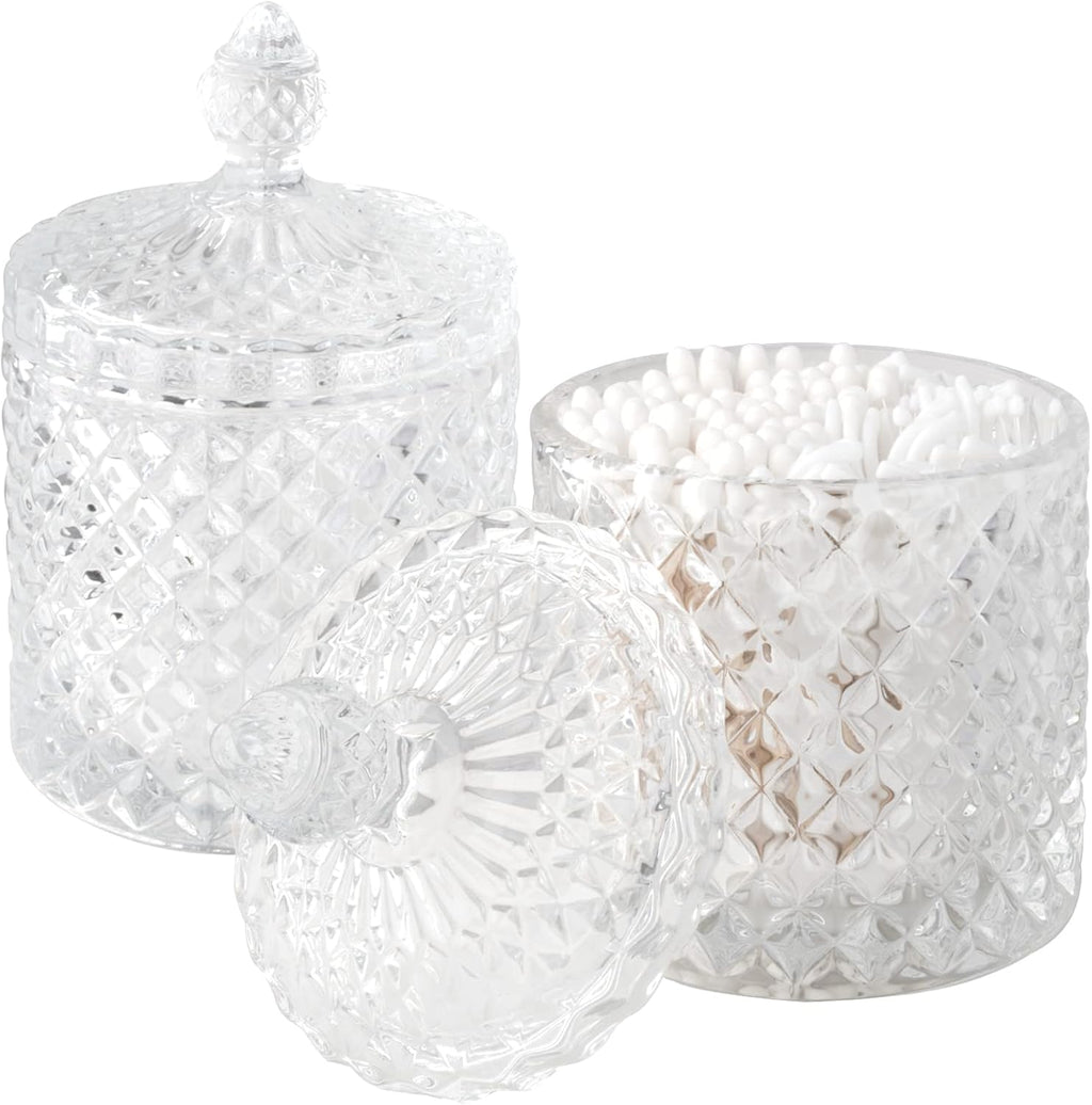 Qtip Holder - Thick Glass Apothecary Jars with Lid | 2 Pack for Bathroom Decor & Storage
