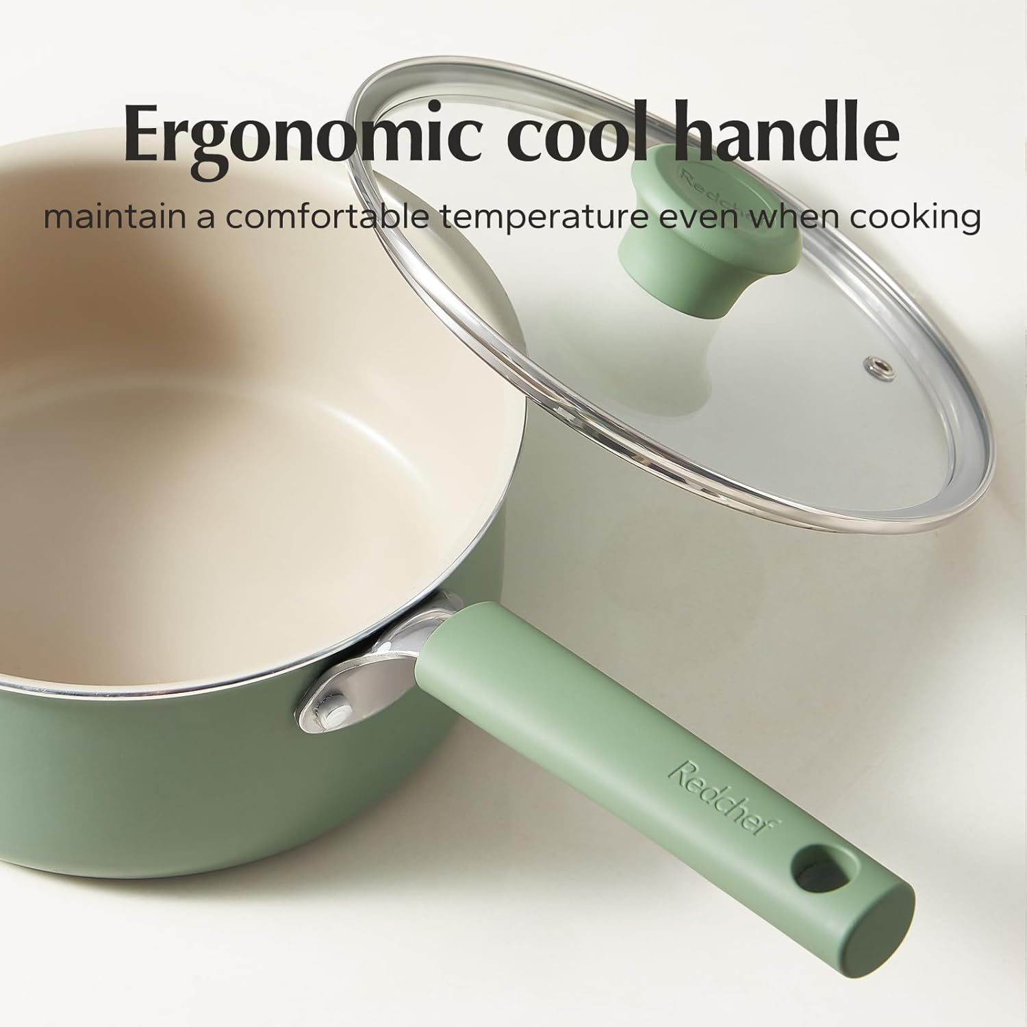 Redchef Ceramic Nonstick Saucepan - 1.5QT Small Cooking Pot with Lid, PFAS-Free, Green Color