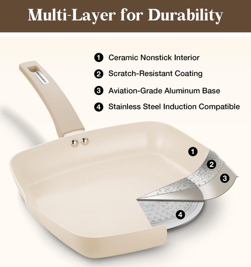 KOCH SYSTEME CS Nonstick Grill Pan for Indoor Cooking, 9.5 Inch Ceramic Square Frying Pan with Lid, Versatile Nonstick Griddle Pan for Stove Tops, Induction Compatible, Toxic-Free, Cream White