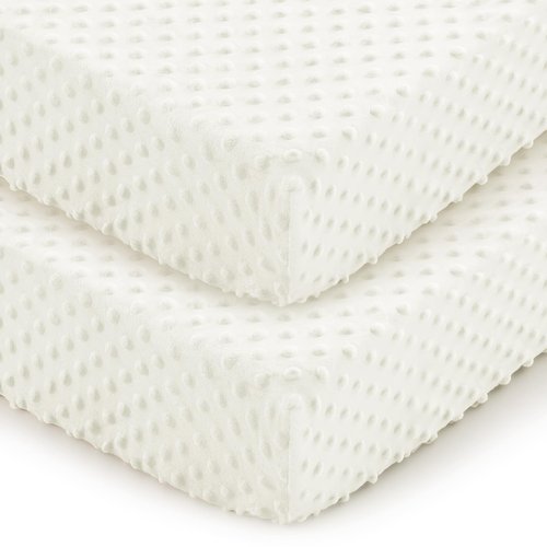Entisn Baby Crib Sheets 2 Pack, 28 x 52 Inch Minky Dot Fitted Crib Mattress Sheet for Boys and Girls, Soft and Warm Fleece Nursery Bedding for Standard Toddler Bed Mattresses (White)