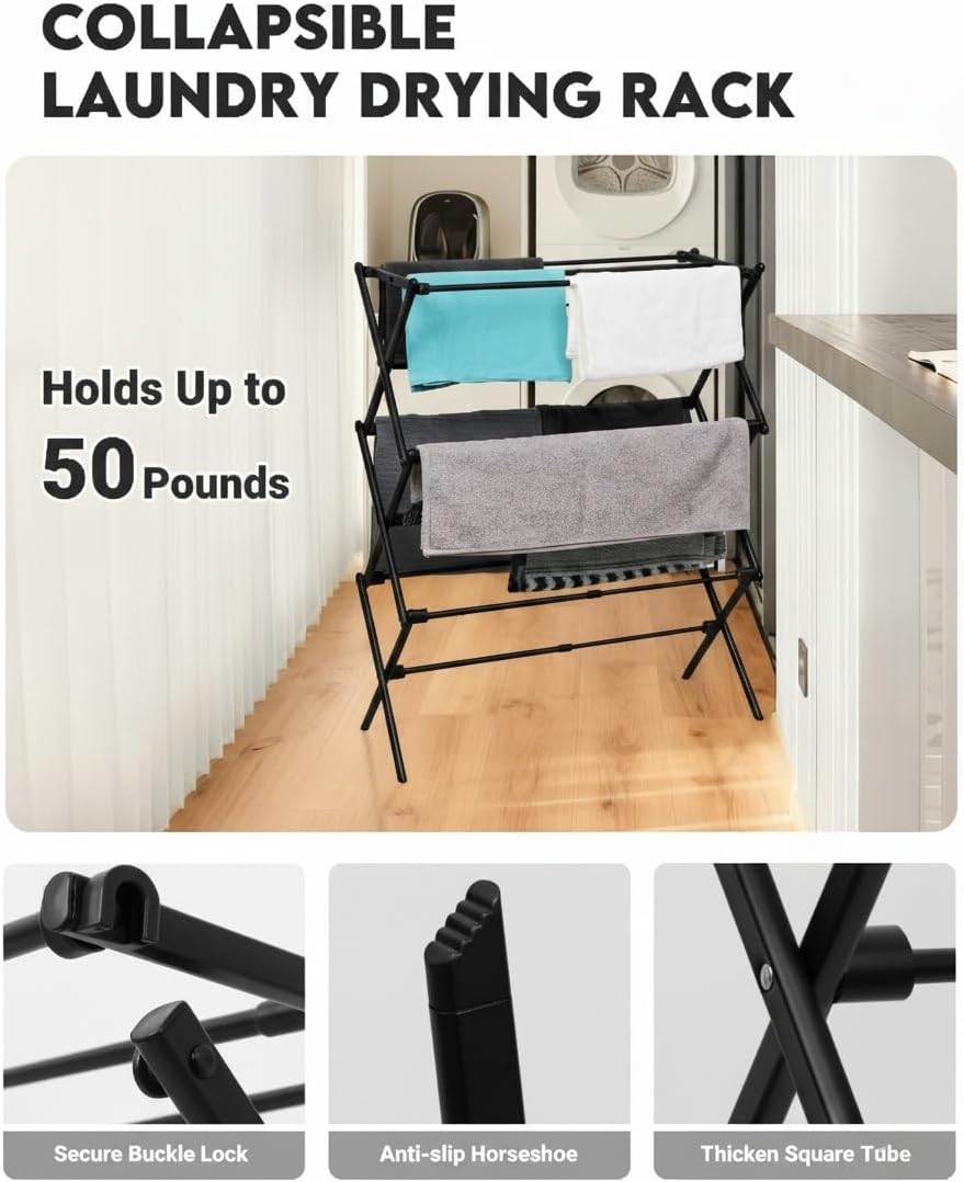 Skiennix 3-Tier Metal Folding Clothes Drying Rack - Collapsible Indoor & Outdoor Laundry Dryer | Black