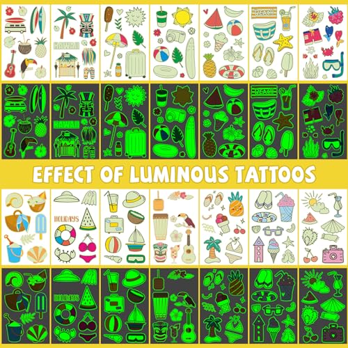 EMOME Glow in the Dark Summer Temporary Tattoos for Kids, 56 Sheets