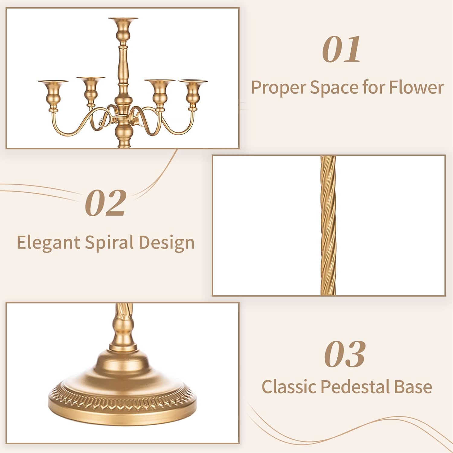 Sziqiqi Gold Floor Candelabra | Tall 5-Arm Candle Holder for Elegant Centerpieces