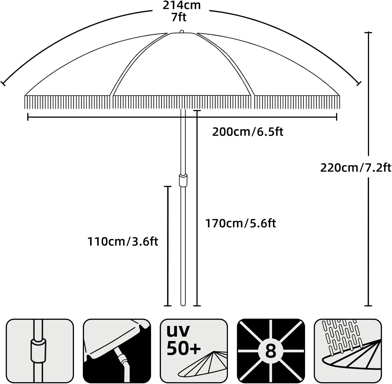 AMMSUN 7ft Patio Umbrella - Stylish Fringe Design with UPF50+ Protection & Steel Pole | Black