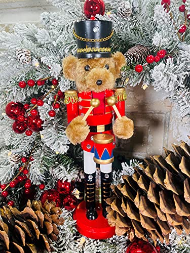 14-Inch Handcrafted Wooden Nutcracker Doll - Teddy Bear Drummer