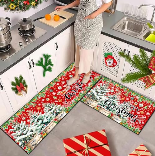 Christmas Kitchen Rugs Set of 2 Non-Slip Washable Snowflake Holiday Floor Mats