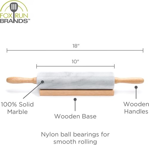 Fox Run Marble Rolling Pin - Polished Design with Wooden Cradle | 10-Inch Barrel, White