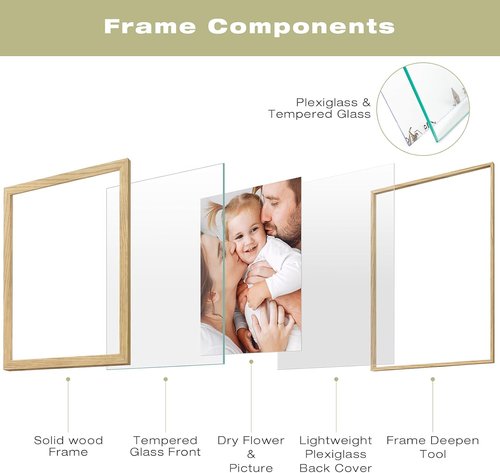 Floating Picture Frame by 12x16 - Solid Wood Design for Pressed Flowers | Real Glass Front - Versatile 8.5x11 or 11x14 Display (Natural Wood, 1 Pack)