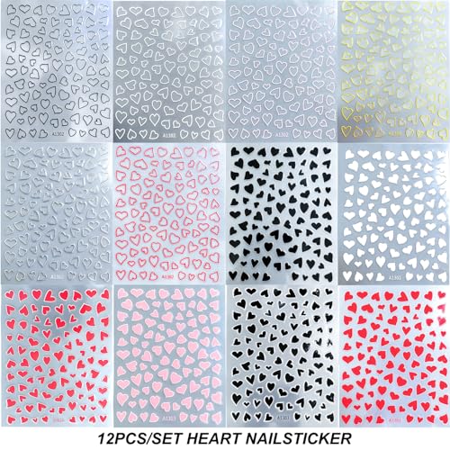 YOUDICT 12 Pcs Heart Nail Stickers Valentine Day Nail Decals Art Design