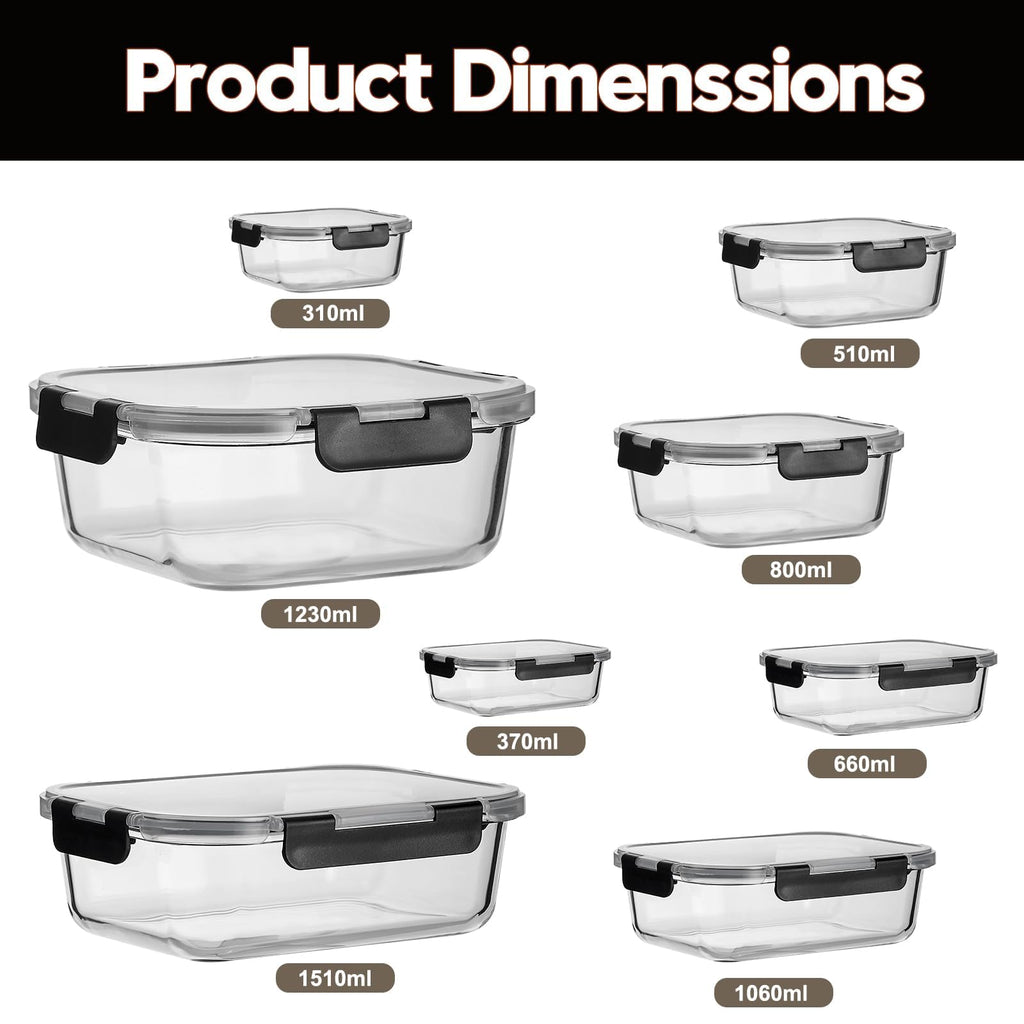 Belgol 8 Pack Glass Meal Prep Containers with Lids, Extra Thick Airtight Food Storage Set (310ml-1510ml/10.5oz–51oz), Leakproof Lunch Boxes for Leftovers