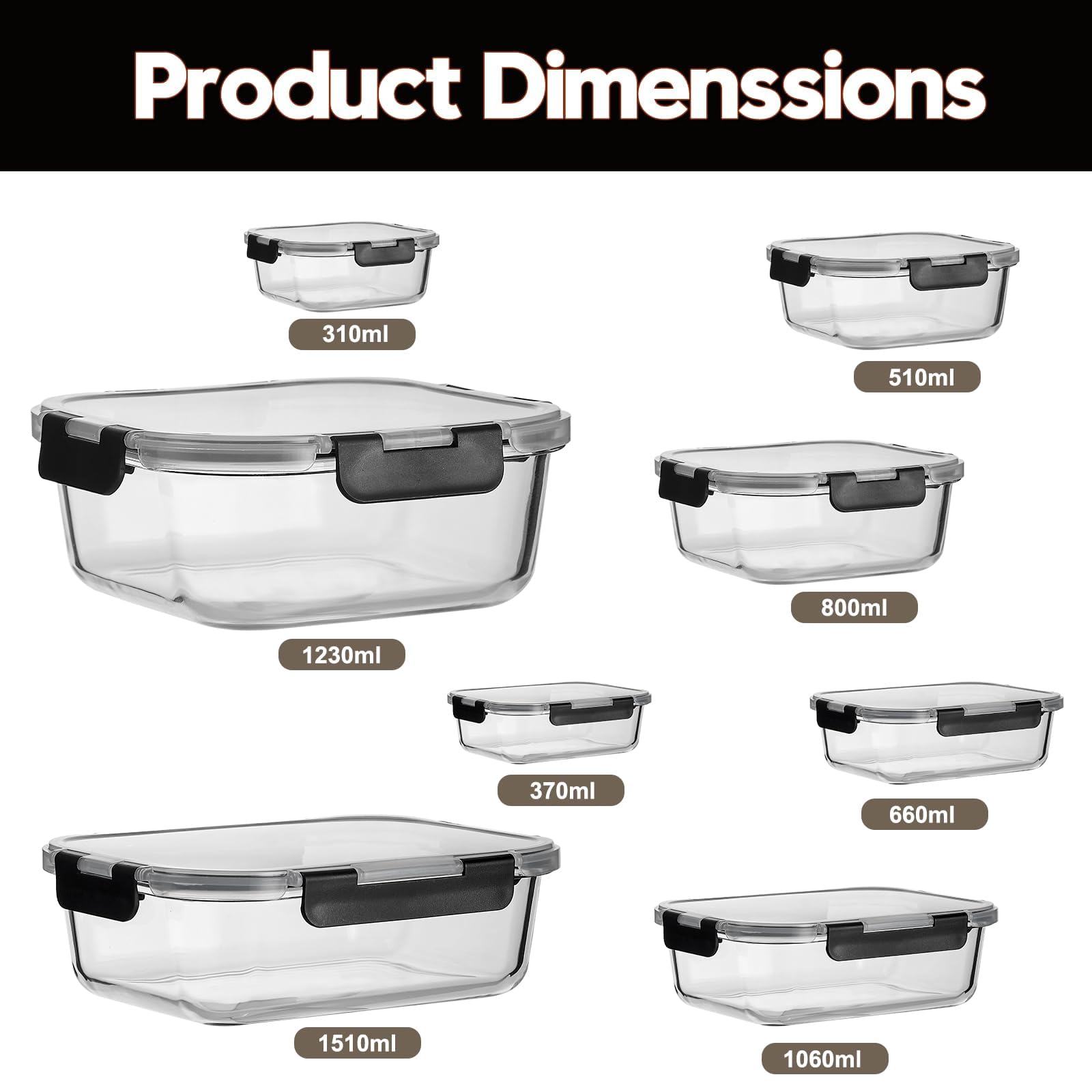 Belgol 8 Pack Glass Meal Prep Containers with Lids, Extra Thick Airtight Food Storage Set (310ml-1510ml/10.5oz–51oz), Leakproof Lunch Boxes for Leftovers