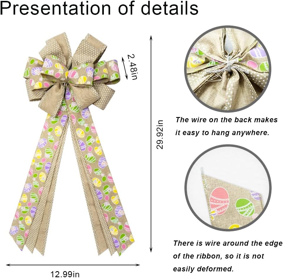 Skiennix Large Easter Wreath Bow - Flaxen Burlap Ribbon Bunny Decor for Spring Celebrations