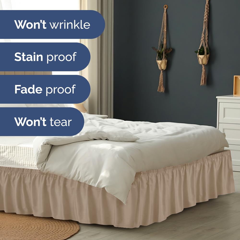 Wrap Around Dust Ruffle Bed Skirt - Cream - for Queen Size Beds w/ 14 Inch Drop - Easy Fit Elastic Strap - Adjustable Pleated Bedskirt w/Brushed Fabric, Wrinkle & Fade Free Women, Men, Kids & Teens