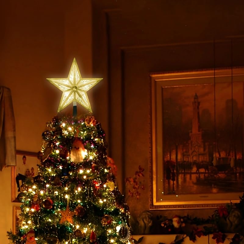 8-Inch LED Christmas Tree Topper - 3D Gold Glitter Star, Warm White
