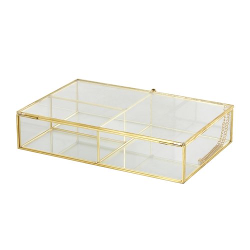 Deco 79 Glass Decorative Jewelry Box 3 Slot Jewelry Organizer with Gold Metal Frame and Chain Accent, Jewelry Holder 10" x 7" x 2", Clear