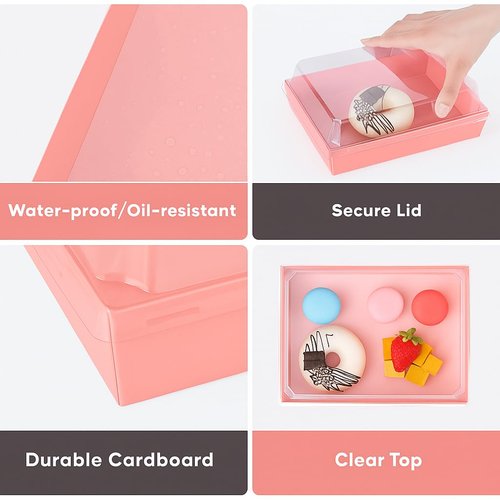 Leafiew 50 Pack 7x5 Inches Charcuterie Boxes with Clear Lids - Individual To Go Paper Charcuterie Board with Lid, Disposable Food Containers for Desserts, Cookie, Food, Charcuterie Accessories,Pink