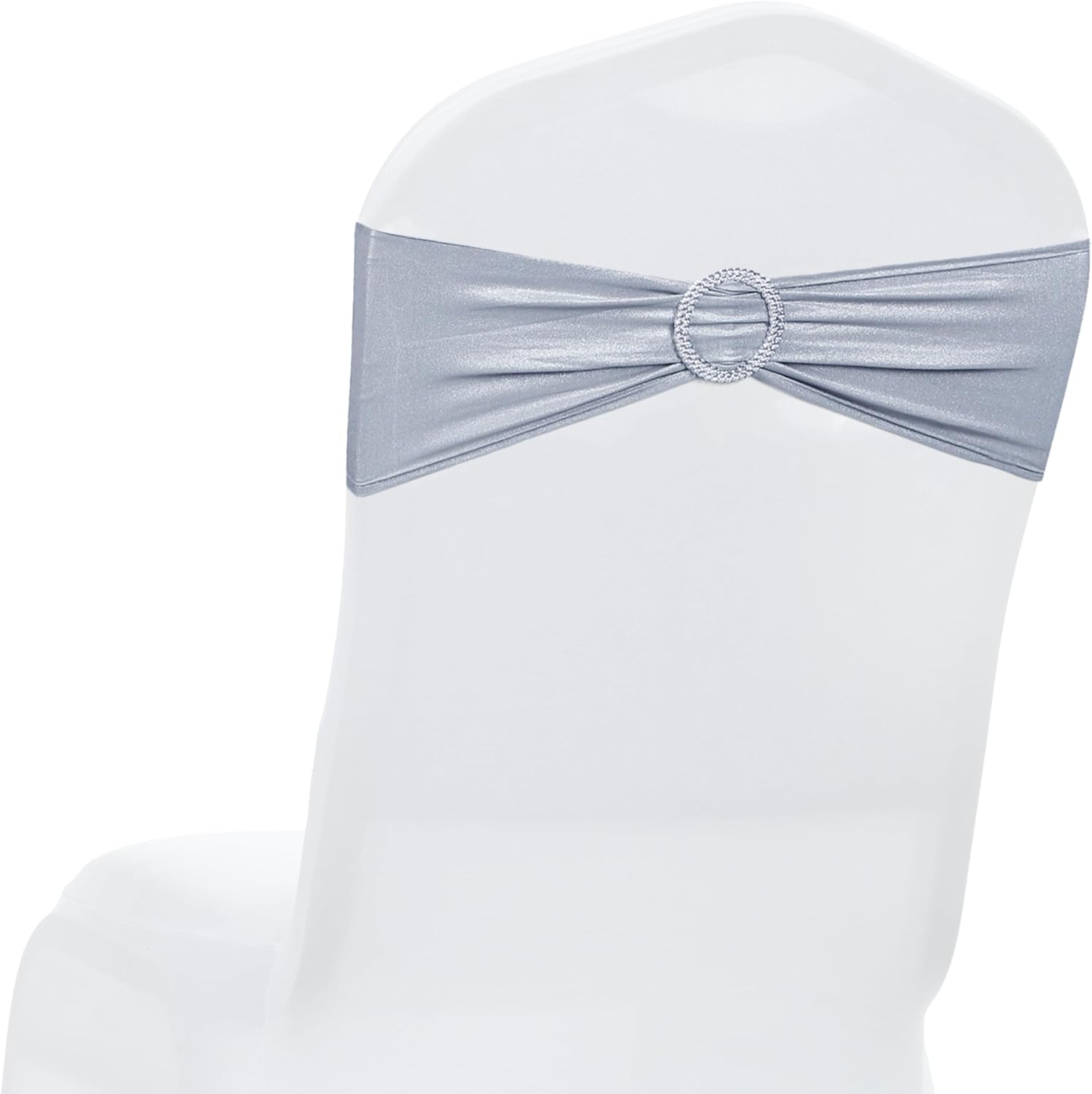 MDS Spandex Foil Chair Sashes - Universal Elastic Stretch Bands with Buckle for Weddings | Metallic Silver, Pack of 100