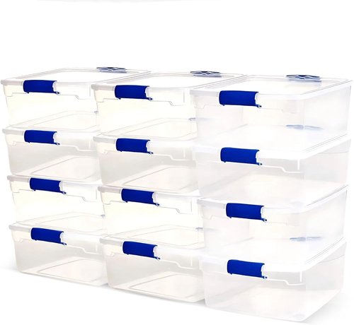 HOMZ 12-Pack Clear Plastic Storage Organizer Bins - 15.5 Quart Stackable Containers for Home & Office