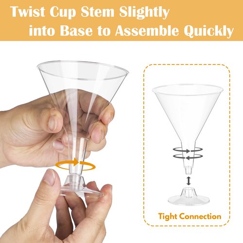 Plastic Martini Glasses Disposable 50 Pack, 6.32 oz Cocktail Cups Bulk for Parties, Poolside, Wedding, Drinking, Desserts, Appetizers, A Tini Bit Older Birthday, Outdoor - Clear with Detachable Stem
