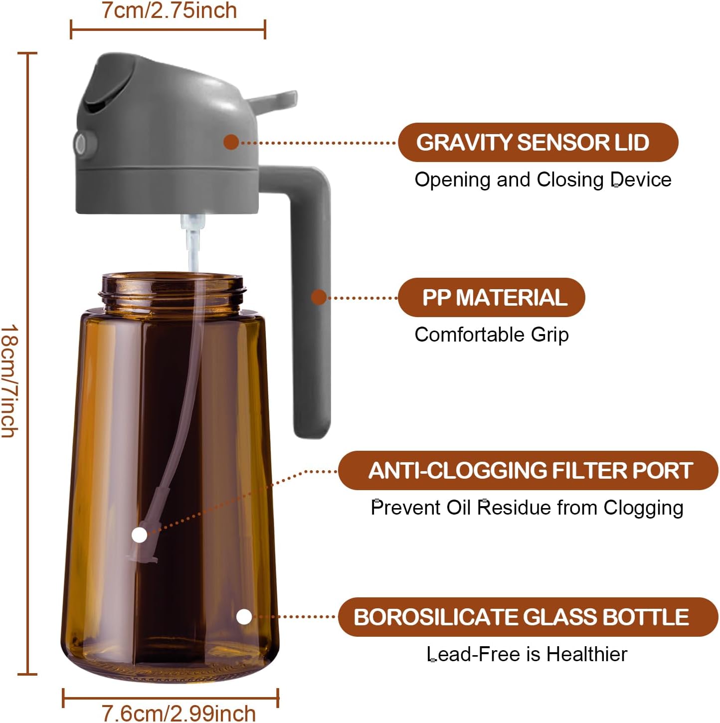 YARRAMATE 16oz Dark Brown Oil Sprayer - Food-Grade 2-in-1 Olive Oil Dispenser for Cooking & BBQ (Grey)
