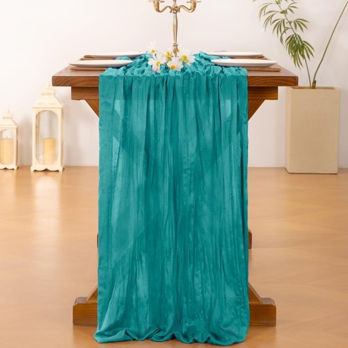 **Socomi Teal Blue Cheesecloth Table Runner - Boho Rustic 120 Inch for Weddings & Home Decor**
