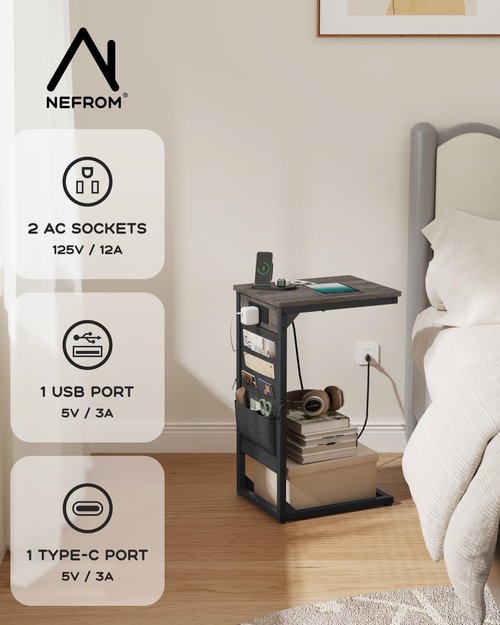 NEFROM C-Shaped End Table with Fast-Charging Station, Small Couch Side Table with Storage Bag, Sofa TV Tray Table for Living Room, Bedroom, Bedside ET-GY-1