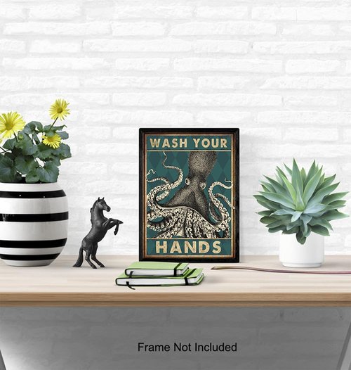 Coastal Nautical Bathroom Wall Art | Beach Octopus Decor - Funny Wash Your Hands Sign - 11x14