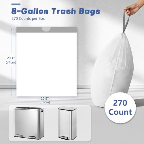 8 Gallon (30L) Trash Bags, Fits SONGMICS 8 Gallon Trash Cans, 6 Rolls 270 Counts Heavy Duty White Garbage Bags, Pre-Separated Drawstring Trash Bags, Suitable for Kitchen, Bathroom, etc.