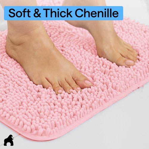 GORILLA GRIP Plush Chenille Bath Rug Mat - Soft Microfiber for Oval Toilet Base, Machine Washable, Light Pink
