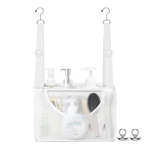 Haoyunll PVC Mesh Hanging Shower Caddy Organizer with 2pc Magnetic Hooks, Portable Adjustable Travel Bathroom Bag with Pockets for RV, Camping, Cruise, Dorm, Gym, White, 12“x5 x7（LxWxH）