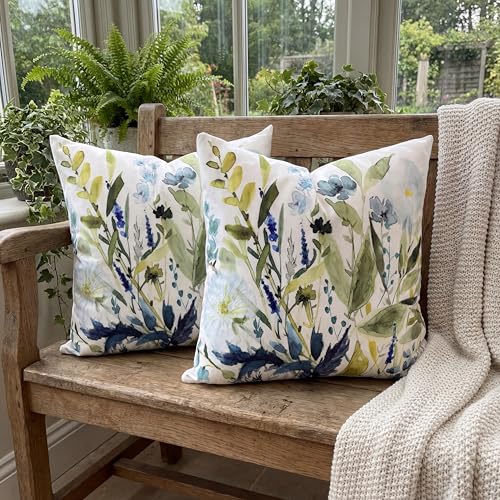 Sage Green Floral Velvet Throw Pillow Covers 18x18 - Set of 2