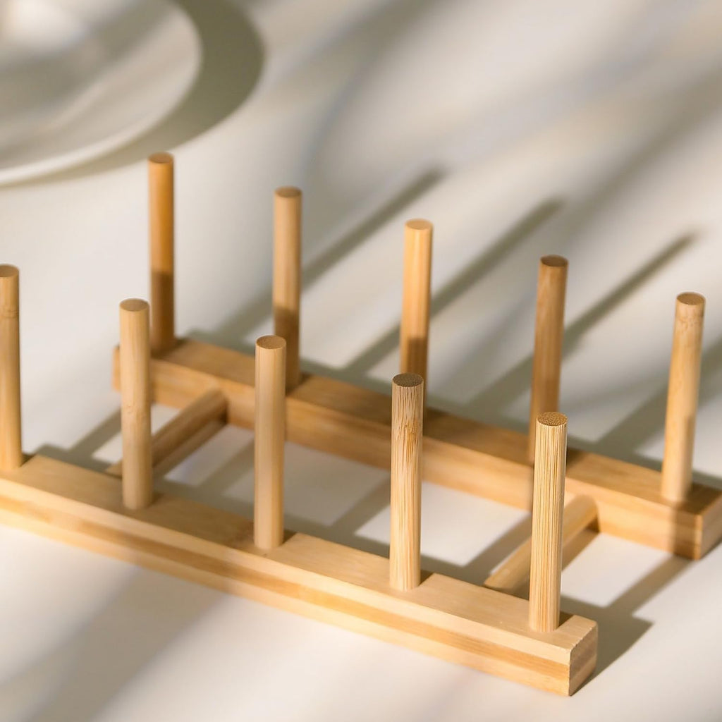 Yuixoseu 4 Pcs Bamboo Wooden Dish Rack, Plate Organizer for Cabinet Space Saver and Kitchen Counter, Bowl/Cup/Pot Lid/Cutting Board Drying Holder (4 Slots)